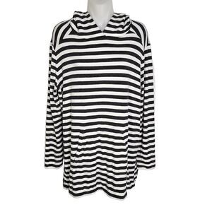 Lou & Grey Hooded Pullover Sweater Medium Gray White Striped Pocket Long Sleeve